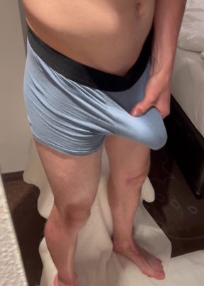 Big-dicked man reveals his cock in a hotel mirror during a bwd session