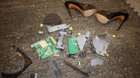 crushing a sky router in skirt and peep toe black high heel stilettos