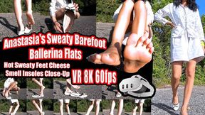 VR 3D 8k - Anastasia's Sweaty Barefoot Ballerina Flats | Hot Sweaty Feet Cheese Smell Insoles Close-Up | Foot Fetish VR 8K Facesitting Sole Pressing Out of Shoe Tease
