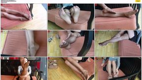 The beautiful Wen Wen shows off her long legs and beautiful feet in a miniskirt and ultra-thin brown pantyhose at Starbucks