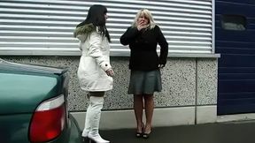 2 slutty girlfriends smoke and play outside