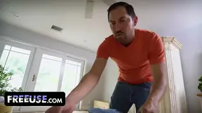 Lucky neighbor Juan catches stunning blonde Summer Col sunbathing and rubs oil