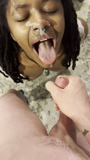 Petite 18 YO Ebony Sucking White Cock w Cumshot