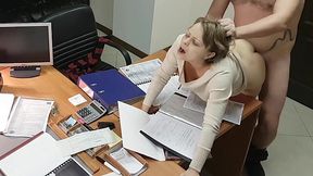 Hot office secretary sucks and rides her boss on the desk