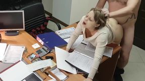 Hot office secretary sucks and rides her boss on the desk