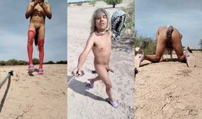 Linda Latina ladyboy desnuda en tacones con plug anal goteando en público