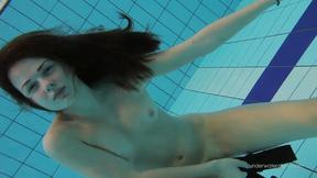 ”Red swimsuit beautiful babe Katy with hairy beaver underwater”