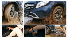 Sexy real estate agent stuck hard in deep mud driving luxury Mercedes