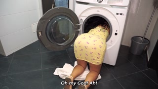 Stepmother gets stuck in the washing machine and her stepson with a big dick gives her a hand