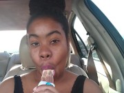 Ebony Big Lips Sucking Ice cream Pop Outside in Car - Cami Creams