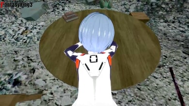 Rei Ayanami leans over a table in the ruins, flashing her big ass in POV view