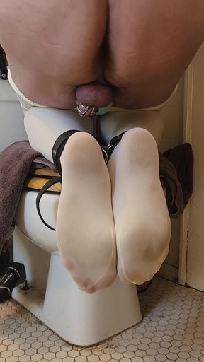 Massive Cumshot Chastity Cage and Tights