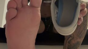shirtless muscle stud makes you sniff his stinky gym feet while he degrades and humiliates you