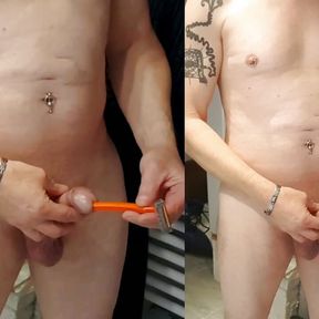 inserting curved hand razor handle into his cock before shower