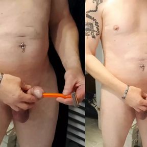 inserting curved hand razor handle into his cock before shower