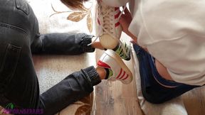 Sneakers and sweaty socks footjob, cum on soles