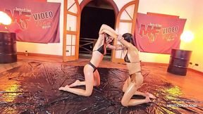 Brunettes Playing in Oil - Two Topless Hotties in Oily Duel