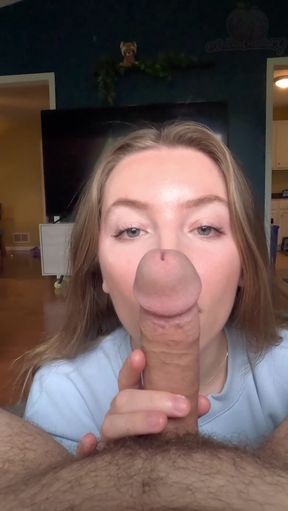 Sensual girlfriend gives a deepthroat blowjob and swallows every drop