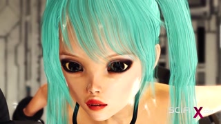 Sex android plays with a sexy busty hottie in restraints in a spacecraft