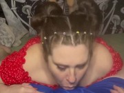 Brunette babe stays down suckling and deepthroating until she gets a hot throatpie
