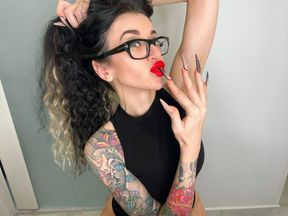 Long Nails and fishnets gloves, sucking fingers, red lips and long hair