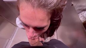 Beautiful girl Instagram blogger sucks in the elevator of the store and gets a facial