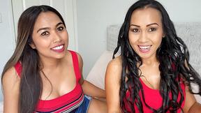 ”Big boos lesbian Thai MILF girlfriends please each other at home”