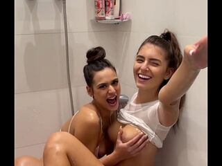 Lesbo shower explodes into sloppy double BJ and biggest facial with cum exchange POV Oral sex