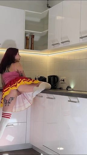 Hottest Redhead Big Tits Cheerleader in Mini Skirt and Over Knee Socks Flashes Her Tight Shaved Meaty Pussy and Naked Ass