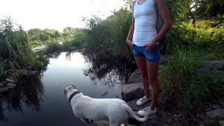 White Shirt No Bra Jeans Shorts Walking By the River