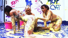 Big Tits Big Ass Lesbian Sluts get wet &amp; messy with an Oily Wrestling Threesome Sex Party for Orgasm and Fun