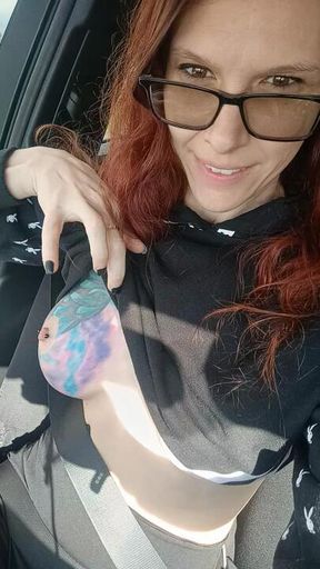 Public Flashing while Redhead Drives and shows off her assets.