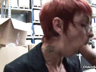 French aged redhead lady Katy Morlait sucks large schlong to her coworker Max Casanova in the warehouse then they move in flat where this chab anal bangs her