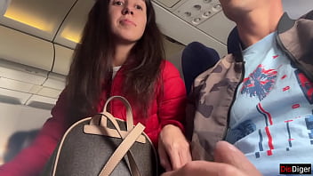 Skinny teen gives handjob on plane, small tits flash