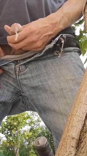 Hiding Outside Behind a Tree to Jerkoff with Huge Cumshot