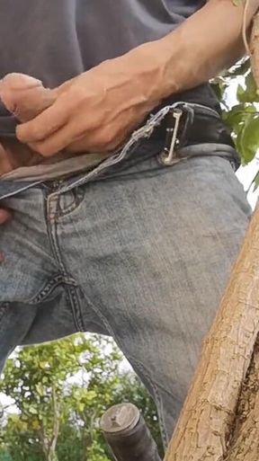 Hiding Outside Behind a Tree to Jerkoff with Huge Cumshot