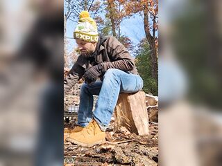 Lumberjack ejaculation outdoors