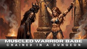 Barbarian Warrior woman with muscled fit body is chained in bondage to pillars as she struggles to escape from her captor