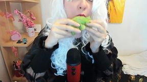 Adorable brunette gives a perfect burp with a blue Yeti mic