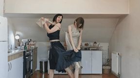 friends tearing leather clothes