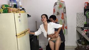 Stepson catches his curvy lactating stepmom in the kitchen and sticks his huge dick in her tight pus
