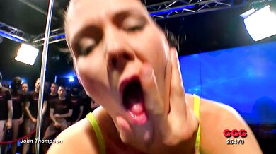 Athletic babe takes German bukkake gangbang deepthroat overload