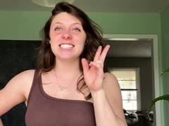 Busty curly brunette with big boobs fucks on couch