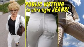 Tranny Walk & Wetting in hot white jeans !! Pissed in in public!