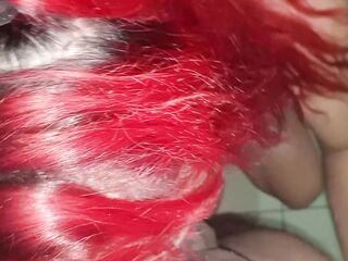 Glamorous redhead trans woman with a unfathomable mouth giving a great oral-job