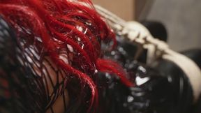 Vacation Cabin Chair Trap – 55 mm Purple Monster Ballgag, Leather Blindfold Added, Fishnet + Full PVC Outfit, Straps & Rope + Full-Power Vibrator