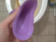 Nasty Dirty Toilet! Pissing HAIRY Pee Fetish Slut Uses Knock Off Go Girl Female Urinal First Time!