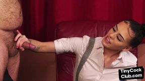 Fem slut enjoys teasing small dick dude while jerking