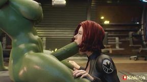 Black Widow blows She Hulk's massive cock and gets fucked in the hard with it