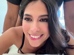 Gorgeous babe takes big black cock balls deep in her pussy